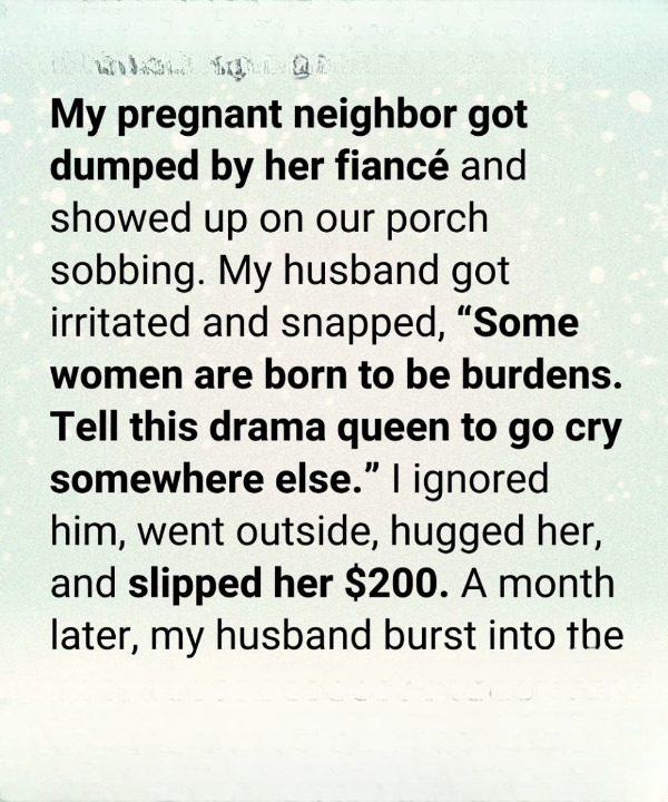 She Came to My Porch Crying While Pregnant—A Month Later a Black Car Returned, and My Husband’s Reaction Revealed Something I Couldn’t Unsee