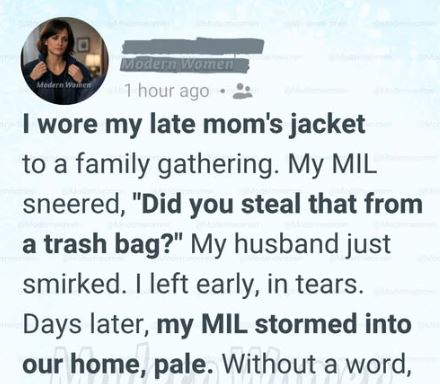 My Mother-in-Law Mocked My Late Mom’s Old Jacket at Dinner — Days Later She Bursted Into My Home Searching Its Pockets and Found Something She Was Never Supposed to See