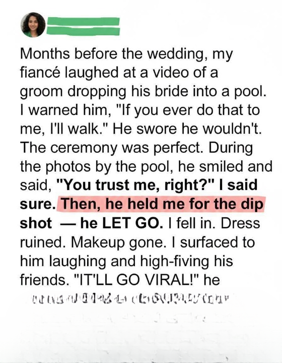 During Our Wedding Photos, My Groom Pushed Me Into the Pool as a “Joke” After I Clearly Told Him Never to Do That — But What My Father Did Moments Later Ended the Marriage, His Career, and Everything He Thought He Was Entitled To